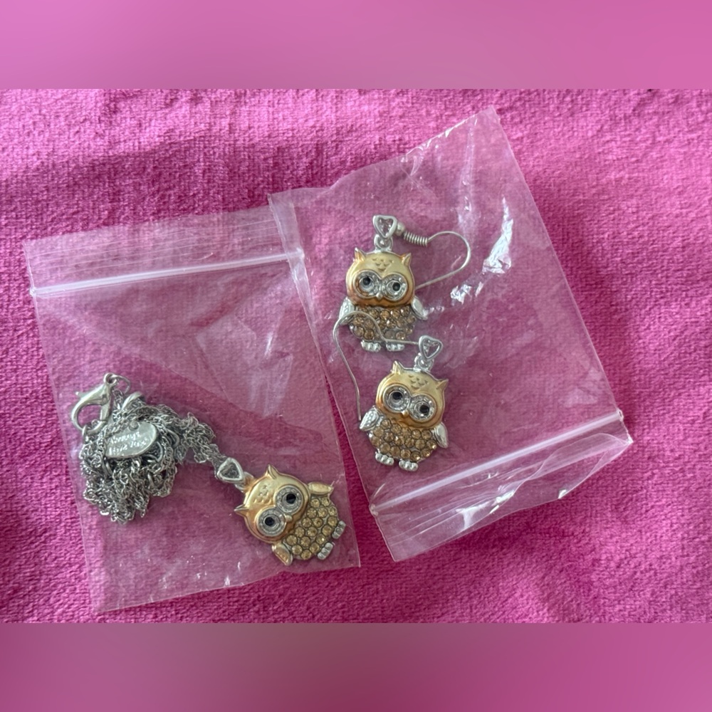 Owl Pendant Necklace and Earrings Set - Gold and Silver Tones